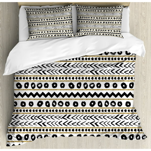 Striped Duvet Cover Set, Abstract Prehistoric with Cave Rocks Nature Inspired Unusual Boho Artprint, Decorative 3 Piece Bedding Set with 2 Pillow Shams, Queen Size, Black Yellow, by Ambesonne