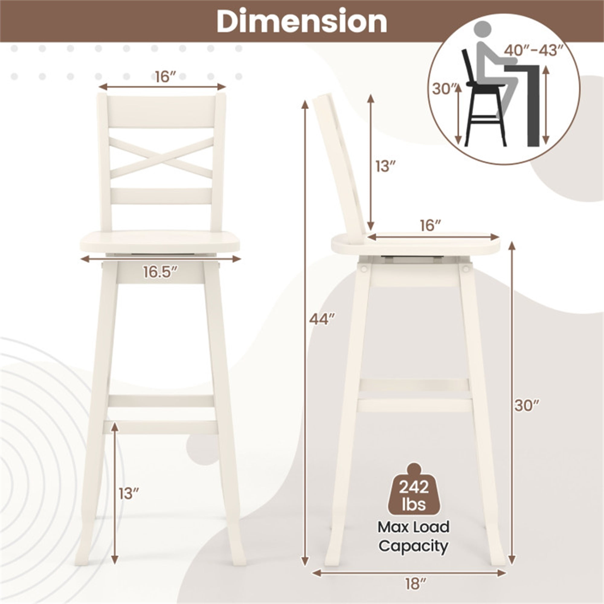 Demi Bonn Set of 2 Swivel Counter 30" Height Bar Stool withclined Backrest, Modern Kitchen Dining Chair, White