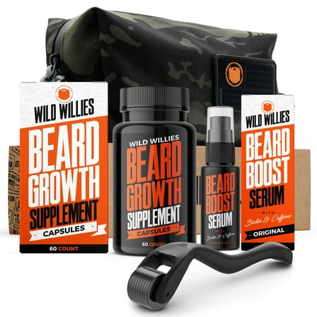 Wild Willies Beard Growth Kit Includes Derma Roller, Serum, Supplement, Dopp Kit
