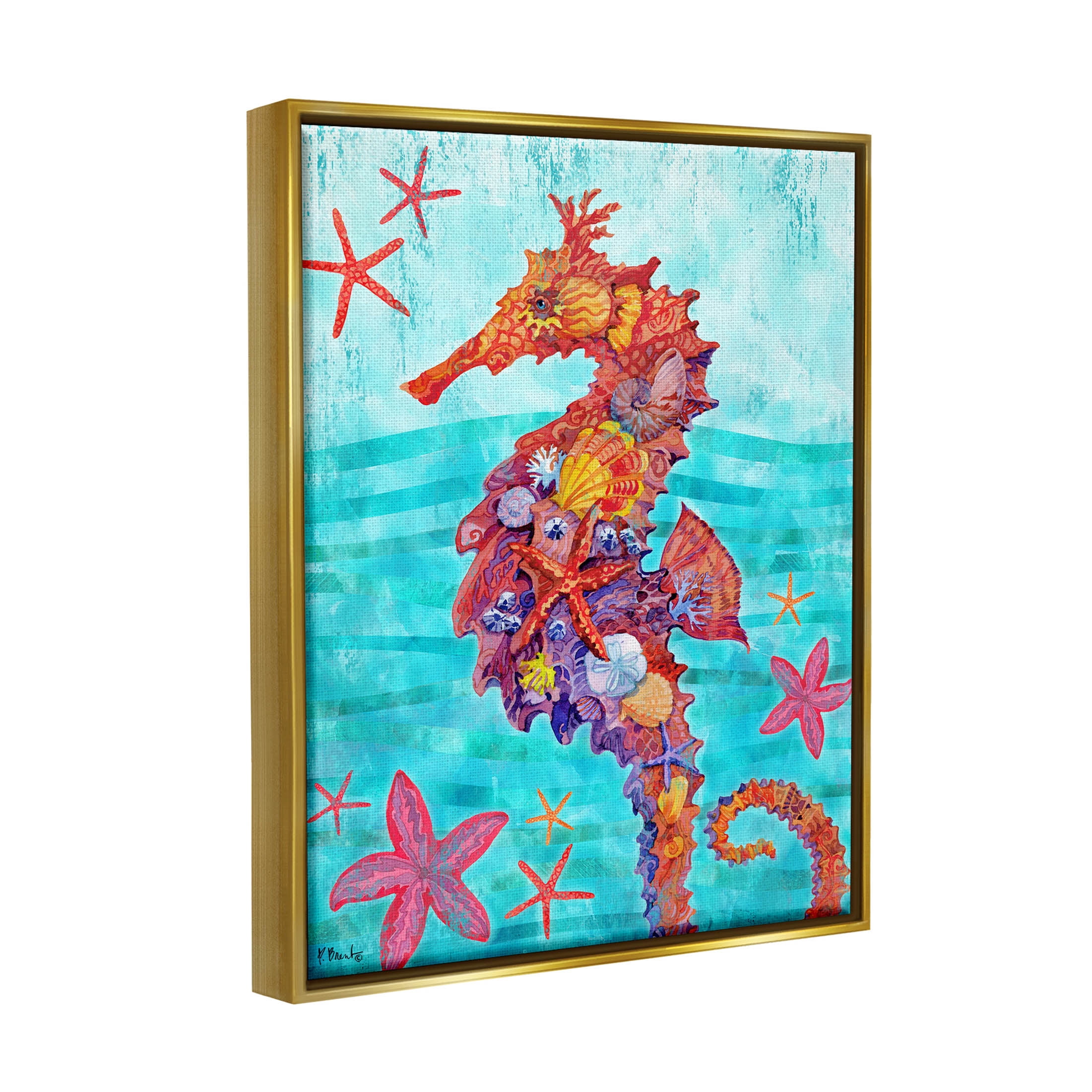 Stupell Industries Nassau Seahorse Aquatic Shell Collage Graphic Art Metallic Gold Floating Framed Canvas Print Wall Art, Design by Paul Brent