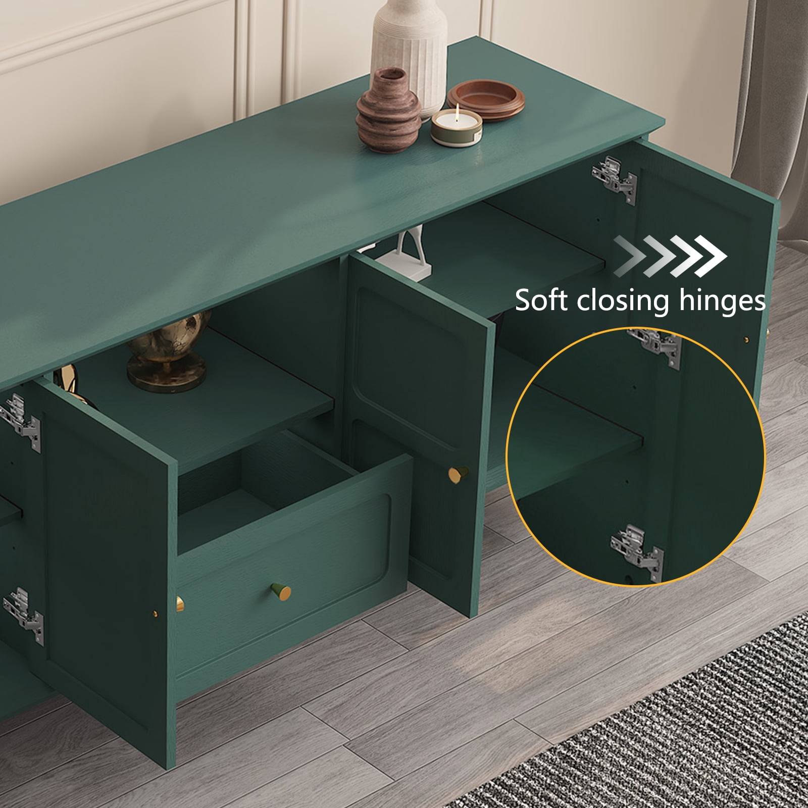 HLR Mid Century 67" TV Stand, for TVs up to 75", Living Room Entertainment Center with 4 Door Storage Cabinet, Green