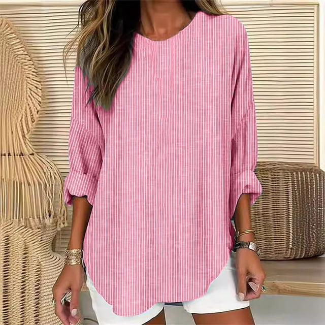 AherBiu Chemises Surdimensionnées pour Femmes Col Rond Manches Longues Grande Taille Pull Tendance Automne 2025 Tops Décontractés Amples