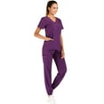 thumbnail image 2 of Minty Mint, Women's, Solid Stretch Medical Uniform Scrub Set V Neck Top Cargo Tapered Jogger Pants, Purple, L, 2 of 5