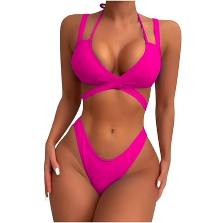 Zwiiyzr 2025 Women s Cut-out Criss Cross Bikini Swimsuit Print Swimwear Two-piece Slim Swimsuit Bikini Straped Swimsuits Hot Pink-L
