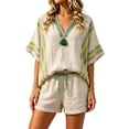 thumbnail image 3 of TGPMGRZ Women's 2026 Summer Boho 2 Piece Linen Vacation Outfits Loose V Neck Top Elastic Waist Casual Shorts Matching Set, 3 of 7