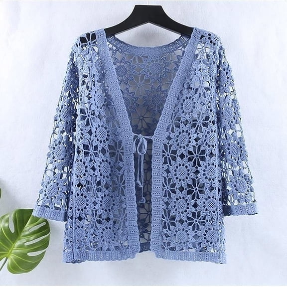 Women V Neck 3/4 Sleeve Crochet Lace Shirt Jacket Tie Front Cardigan Stripe Sweater Neck Cardigan Light Cardigans for Women Summer Open Neck Sweater Ladies Summer Cardigans Oversized Cardigan Women