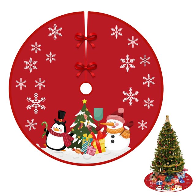 falda para árbol de navidad de 90 cm, cubierta decorativa roja de felpa con orificio central de 5 cm y ranura de cierre; diseño circular con copos de nieve blancos y personajes (pingüino, muñeco de nieve, reno, Papá Noel) junto a un árbol y regalos en el borde; reusable y protege el suelo de agujas y cera.