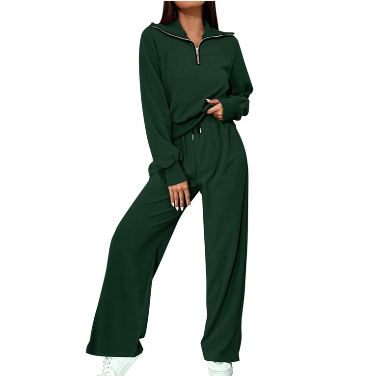 QUYUON Women 2 Piece Outfits Quarter Zip Up Sweatshirt and Pants 