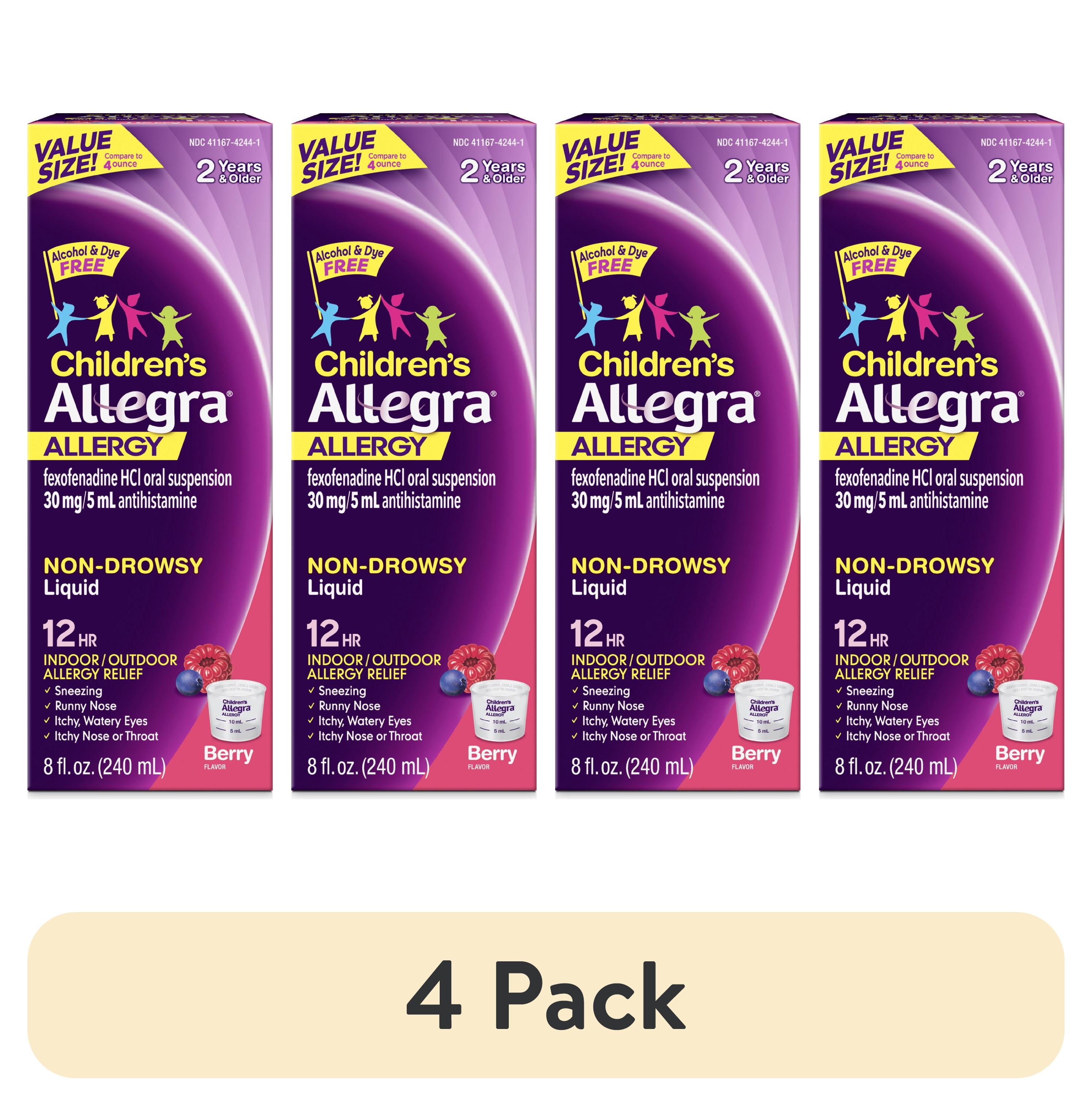 (4 pack) Allegra Children's 12-Hour Allergy Relief Liquid, Non-Drowsy Indoor and Outdoor Allergy Medicine, 30 mg Fexofenadine HCI Antihistamine For Kids, Berry Flavor, 8 oz.