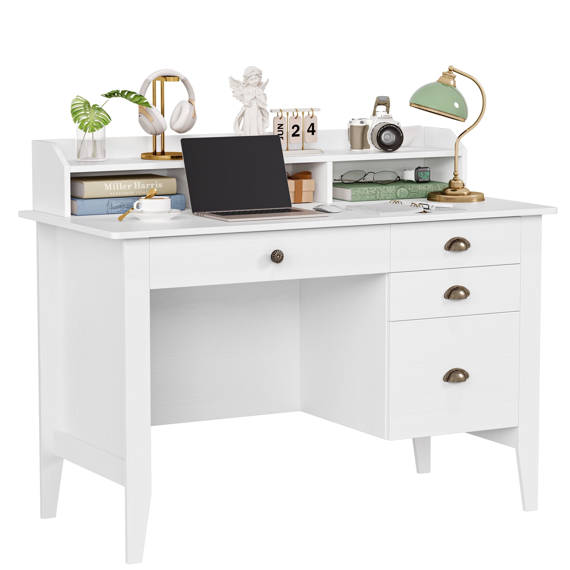 Homfa 47.2 Inch White Computer Desk with Drawers & Cabinet, Home Office Desk with Cable Management, Study Writing Desk for Bedroom Living Room