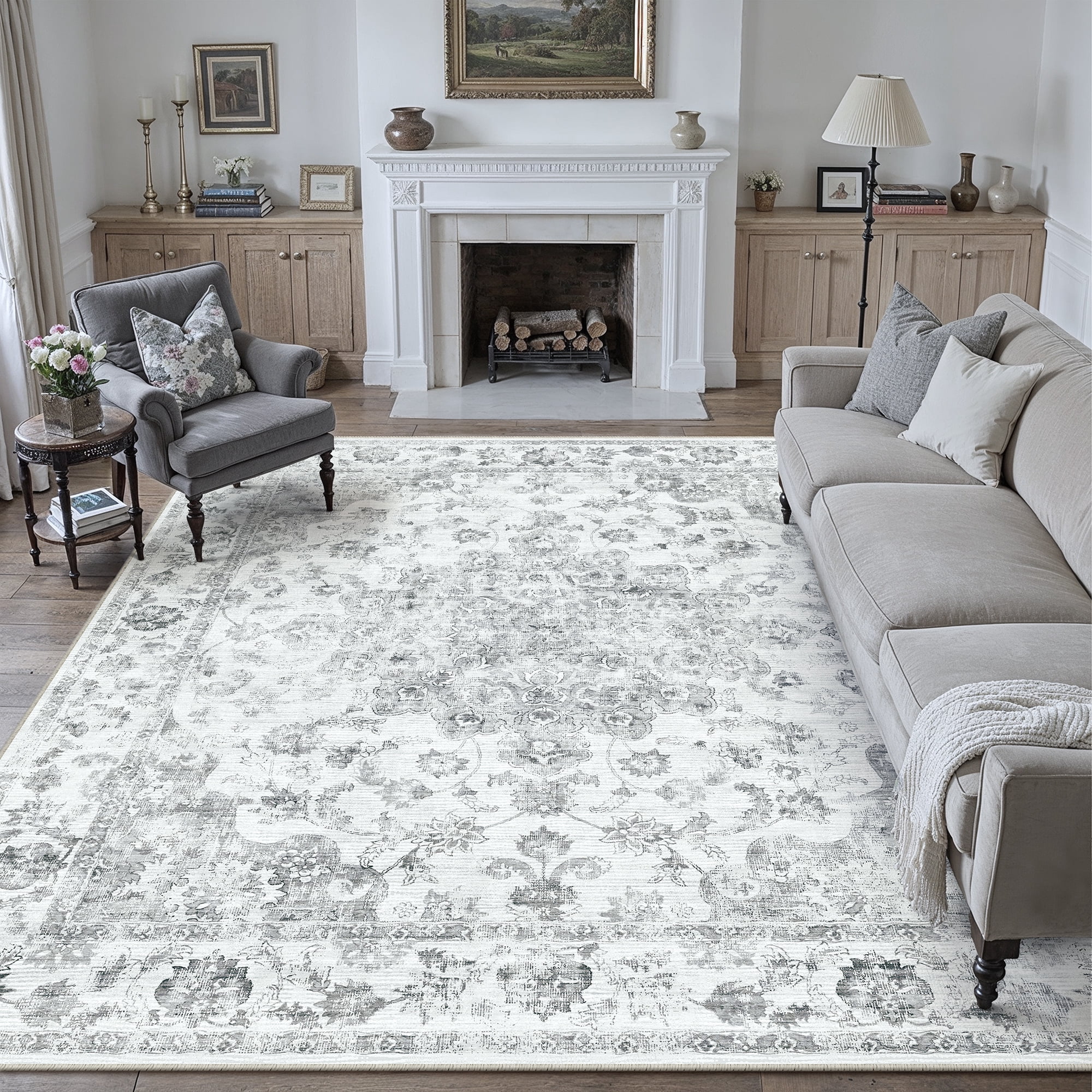 WIPONKEN 5x7 Area Rugs for Living Room Bedroom Dining Room Office Farmhouse, Machine Washable Non Slip Vintage Persia Rug Gray