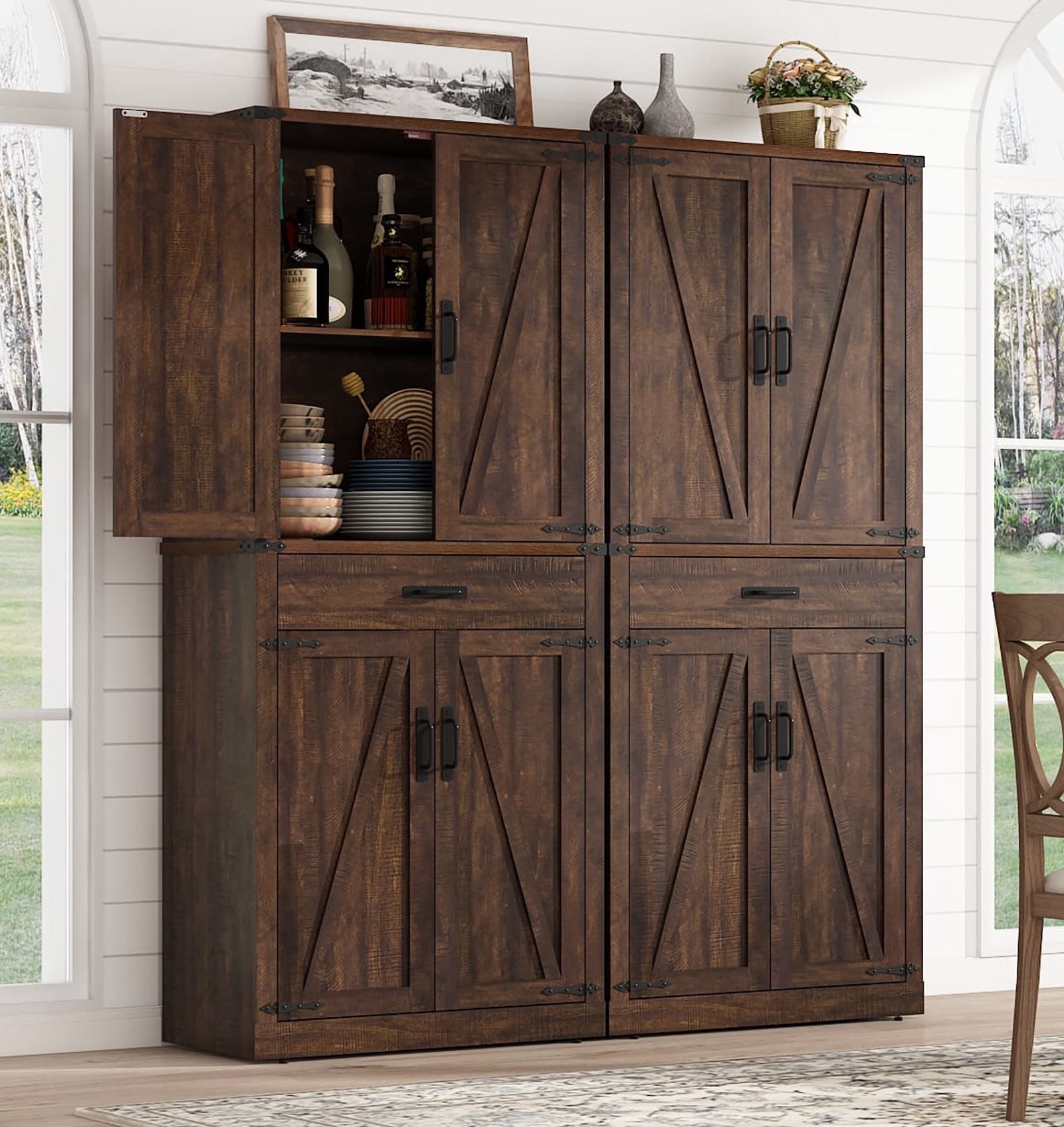 72" Tall Kitchen Pantry, Farmhouse Pantry Cabinet with 1 Drawer & 4 Layer Adjustable Shelves, Rustic Wood Storage Cupboard with Metal Load-Bearing Pipe for Kitchen Bathroom Living Room Hallway