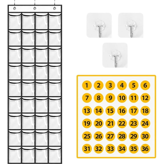 Narrow Cell Phone Holder Classroom 36 Clear Pockets Calculator Holder for Door Pocket Chart for Classroom Wall with 36 Number Sticker White…