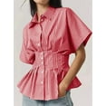 thumbnail image 6 of Womens Striped Peplum Button Down Shirts Short Sleeve Pleated Tops Summer Business Casual Blouses Red Stripes XL, 6 of 7