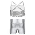 thumbnail image 2 of Aiihoo Girls Skirt Suit Latin Jazz Dance Outfit Sets Modern Dancewear Tiered Ruffles Metallic Crop Top with Shorts Set Silver 14, 2 of 6