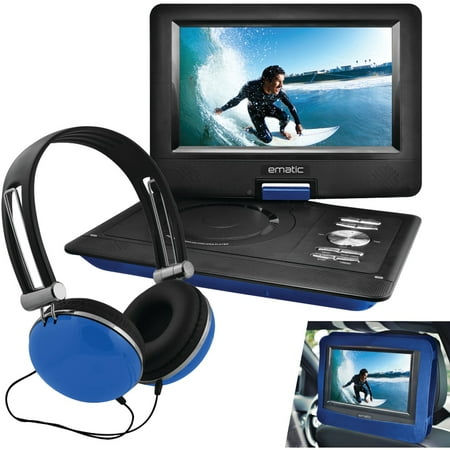 Ematic EPD116BU 10" Portable DVD Player with Headphones & Car-Headrest Mount - Blue