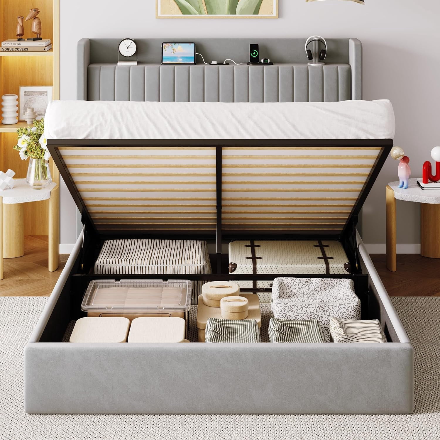 Allewie Full Size Lift Up Storage Bed Frame, Storage Shelf Headboard with Charging Station, Type-C and USB Ports, Hydraulic Support, Velvet Upholstered Bed Frame, No Box Spring Needed, Gray