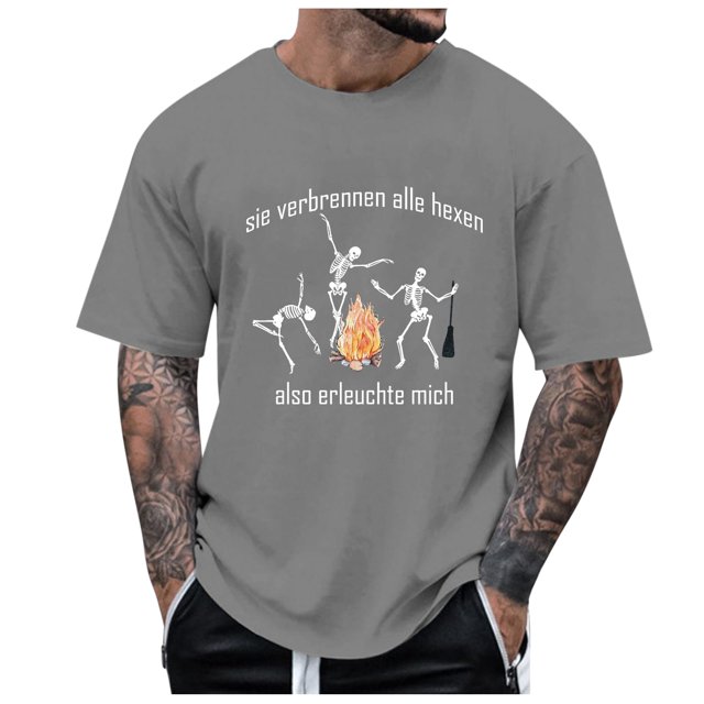 AWZXDE T-Shirts pour Hommes Imprimé Thème Halloween Col Rond Décontracté Graphique Feu Grande Taille Chemise Imprimée Couleur Unie Manches Courtes pour Confort et Style