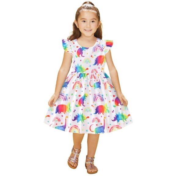 Coerni Baby Toddler Girls Summer Beach Sundress Casual Cotton Dresses Floral Cartoon Dinosaur Short Puff Sleeve Dress