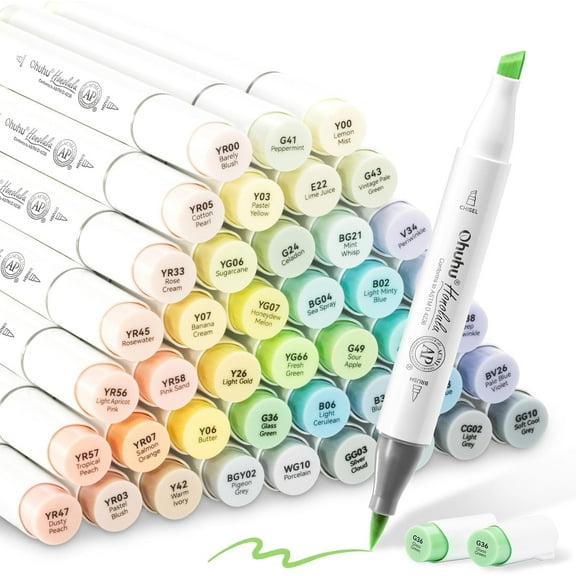 Ohuhu Pastel Alcohol Brush Markers- 48 Pastel Colors of Honolulu Blossoming- Brush & Chisel Dual Tips- Refillable-New Color Codes