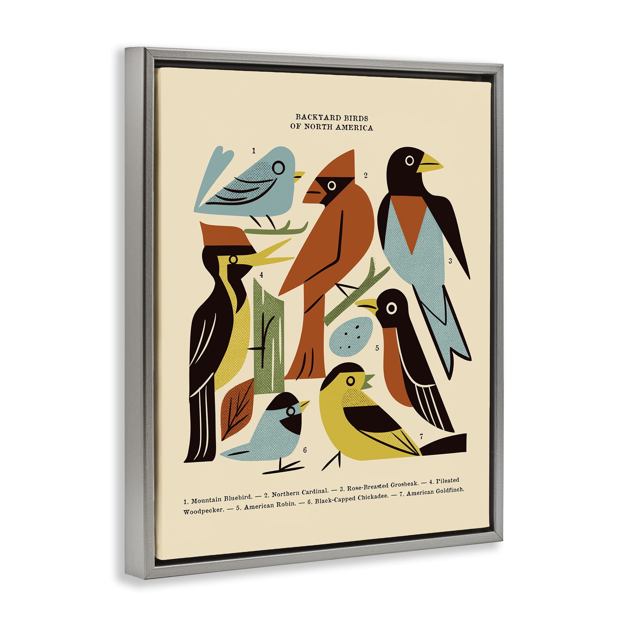 Backyard Birds Midcentury Modern Gray Framed Floater Canvas Wall Art, design by Renea L. Thull