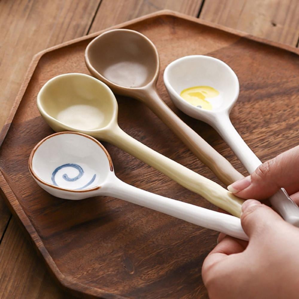 4 Pack Porcelain Soup Spoons Long Handle Japanese Round Soup Spoon Hand