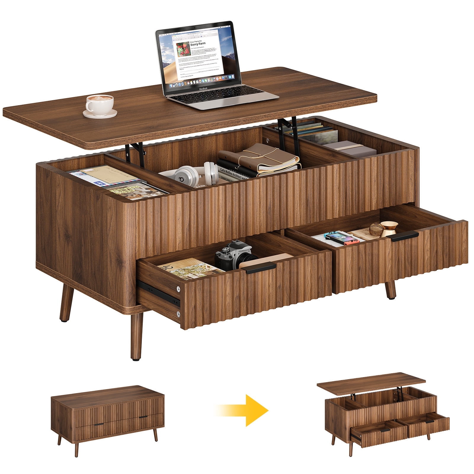 CURLA Lift Top Coffee Table with Storage, Mid Century Modern Coffee Table with Drawers, Center Table for Living Room, Walnut