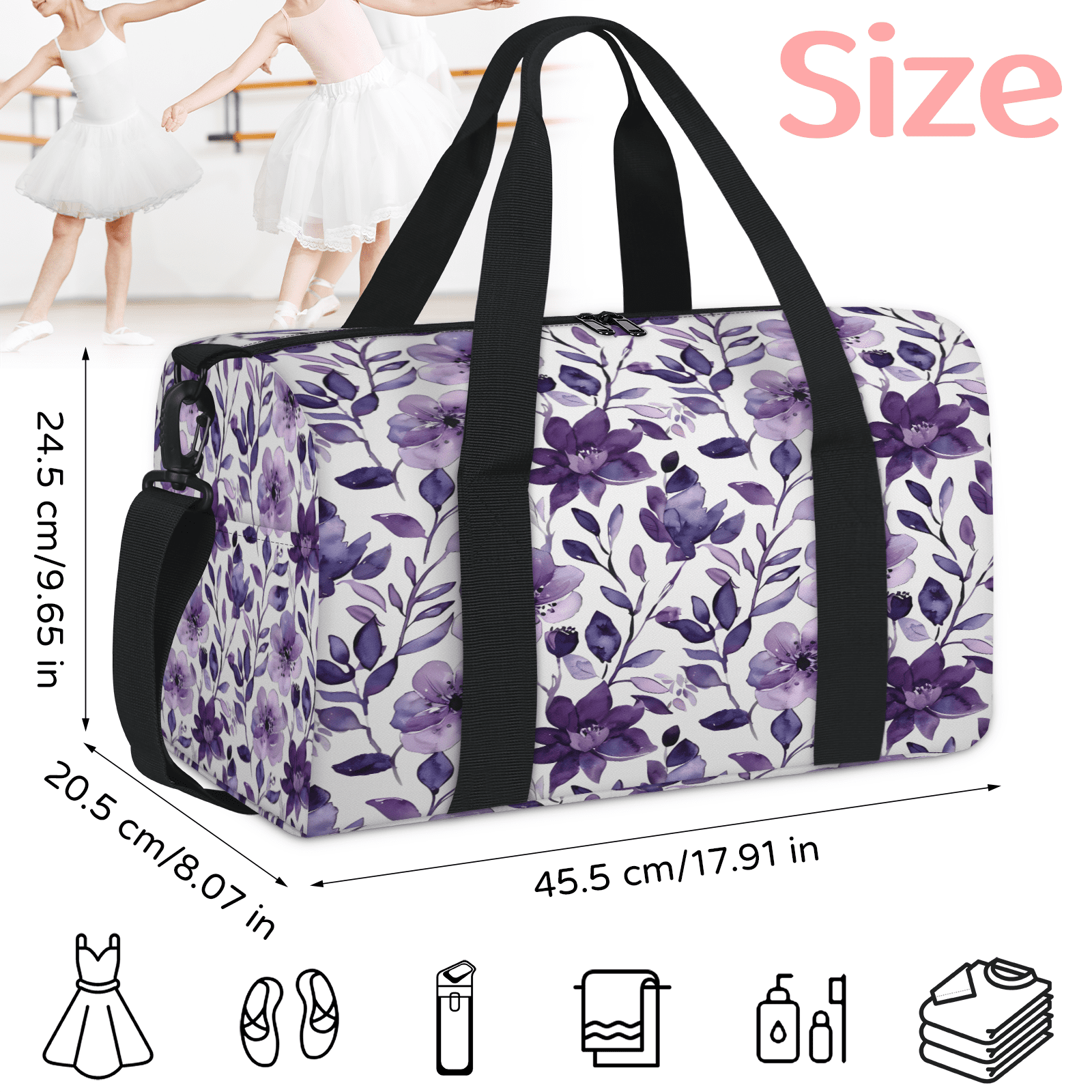 Herdesigns Flower Purple Gym Bag for Women, Duffle Bag for Travel Sport, Lightweight Waterproof Carry on Weekender Overnight Dance Yoga Workout Bags