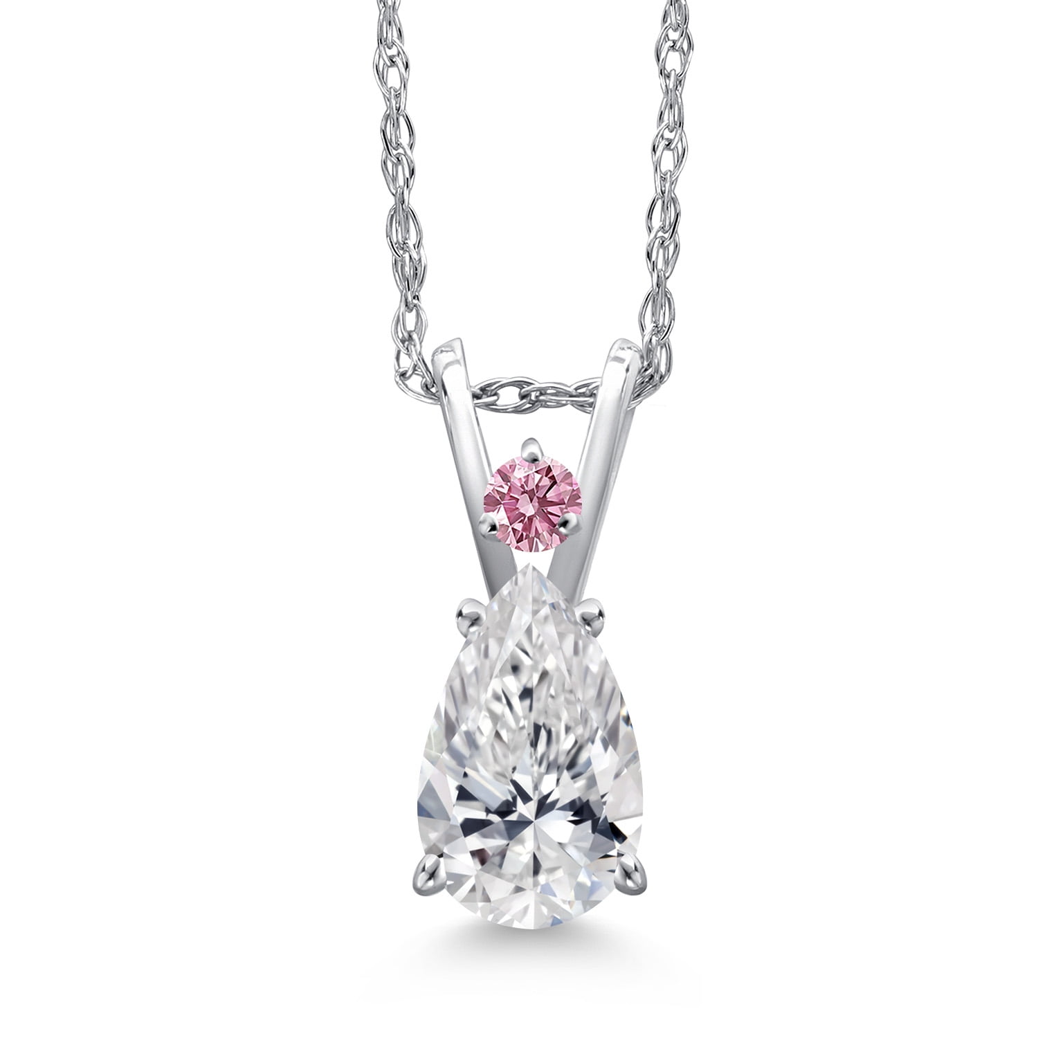 Gem Stone King 14K White Gold DEF Lab Grown Diamond and Pink Lab Grown Diamond Pendant Necklace for Women | 0.77 Cttw | Gemstone April Birthstone | Pear Shape 8X5MM | With 18 inch Chain
