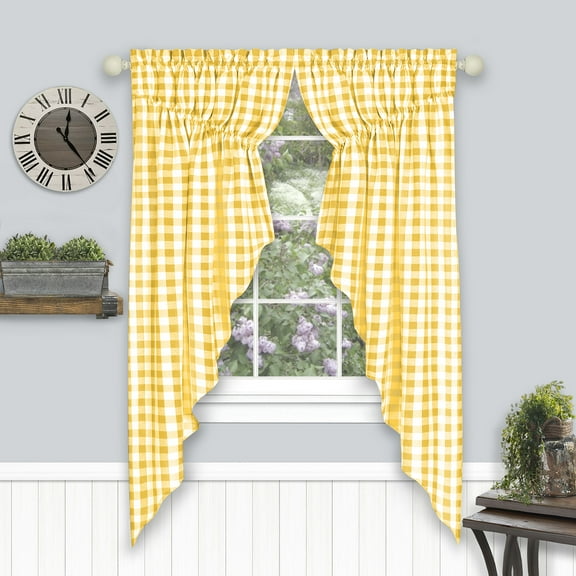 Woven Trends Farmhouse Curtains, Buffalo Plaid Curtain Shades, Gathered Swag Set, Classic Country Plaid Gingham Checkered Design, Farmhouse Decor, 72" x 63" Gathered Swag Pair (2-Pack), Yellow