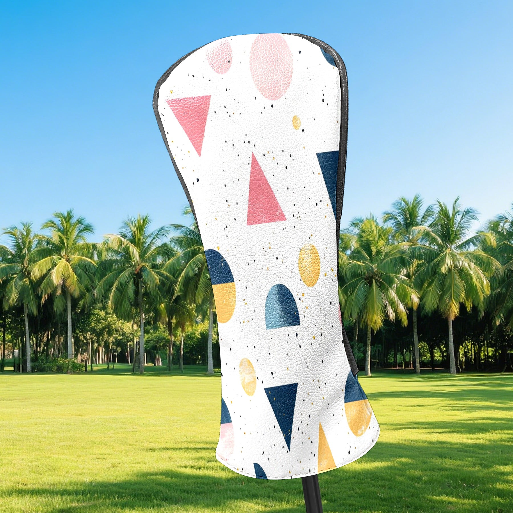 Golf Club Covers, White Colorful Geometry Premium PU Leather Driver Hybrid Putter Head Covers with Velvet Lining, Waterproof Golf Gifts for Men Women