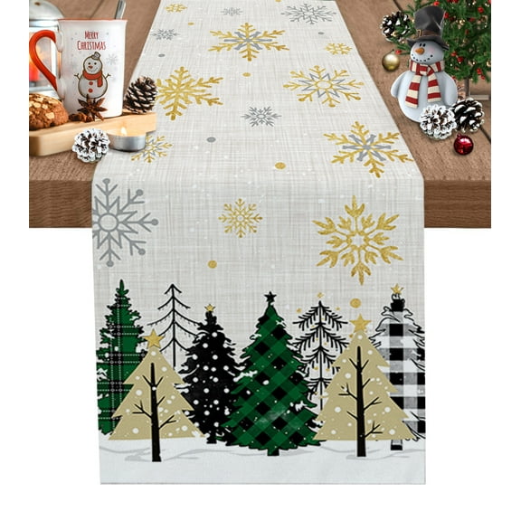 Hokiten Table Runners 36 Inches Long Dress Scarves, Gold Snowflake, Farmhouse Kitchen/Dining Table Runner, Short Coffee Tablerunners, Christmas Green Pine Tree 13x36 Inch