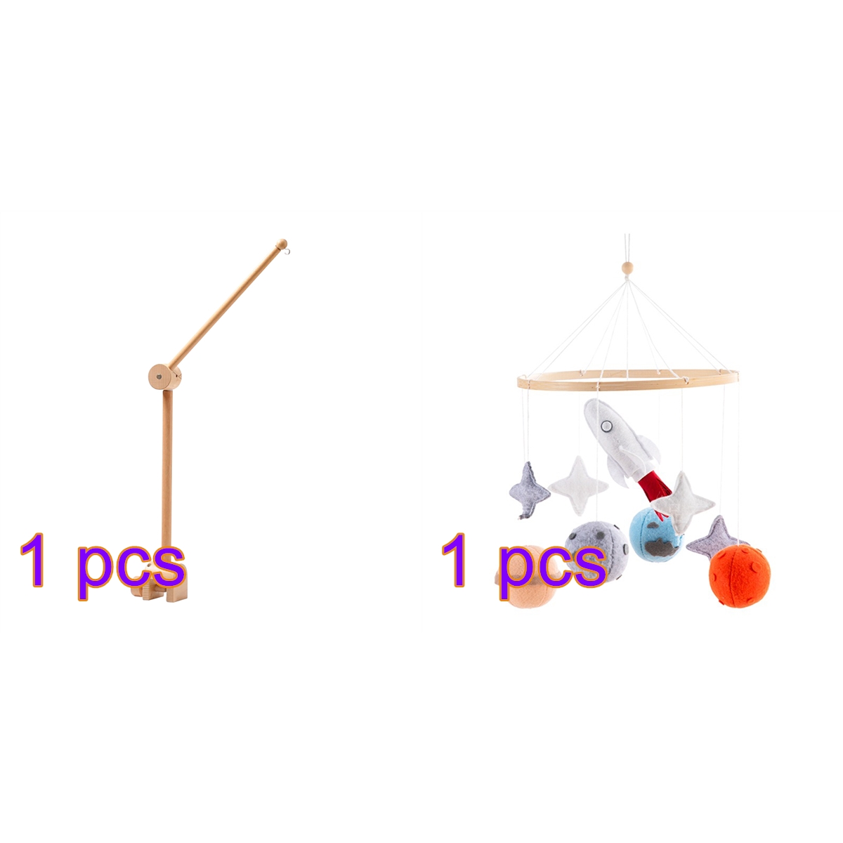 Planet Crib Bell for Babies, Wooden Rotating & Swaying Bed Rattle with Stars, Rocket & Planet Pendants for Infant Nursery Decoration