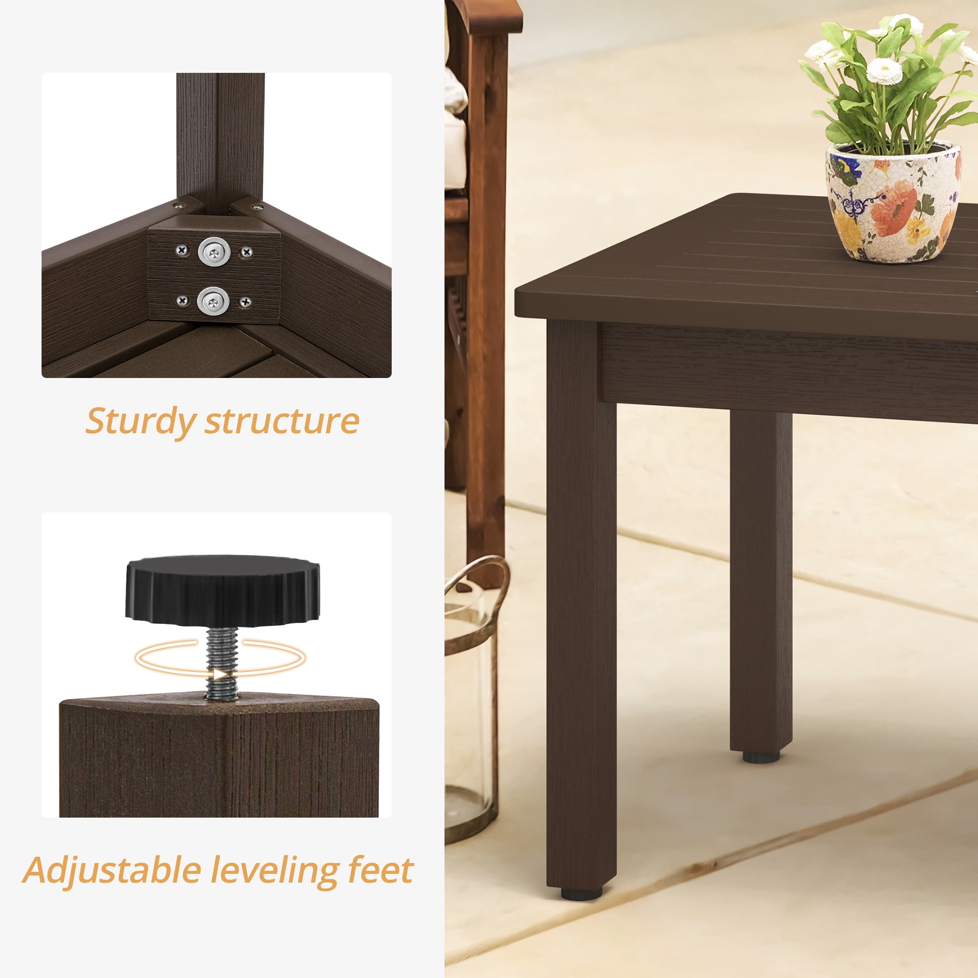LUE BONA Outdoor Coffee Table Rectangle, HDPS Patio Tables for Outside, 17.7"x 35"x17.7", Dark Brown