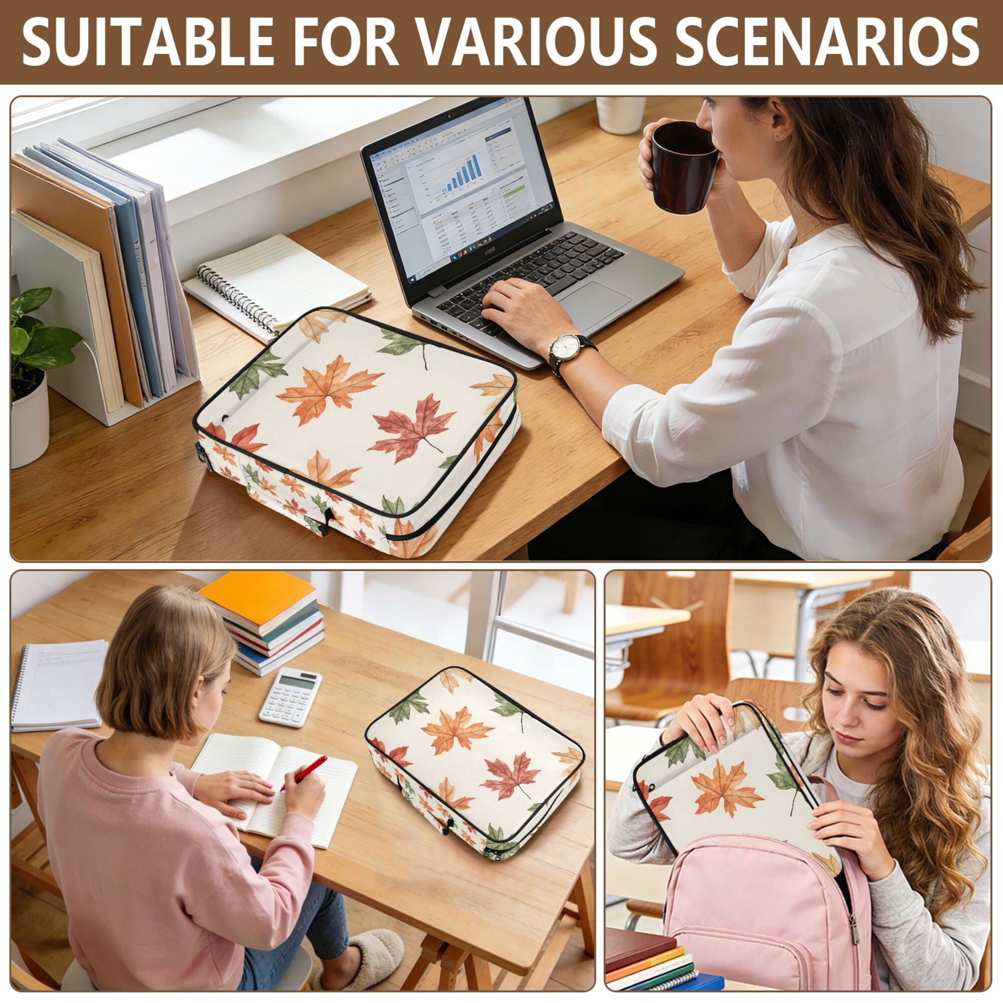 FORMRS Accordion File Folder A4 Size 7-Pocket Expanding Document Organizer Bag with 3 Ring Binder, Brown Autumn Leaves