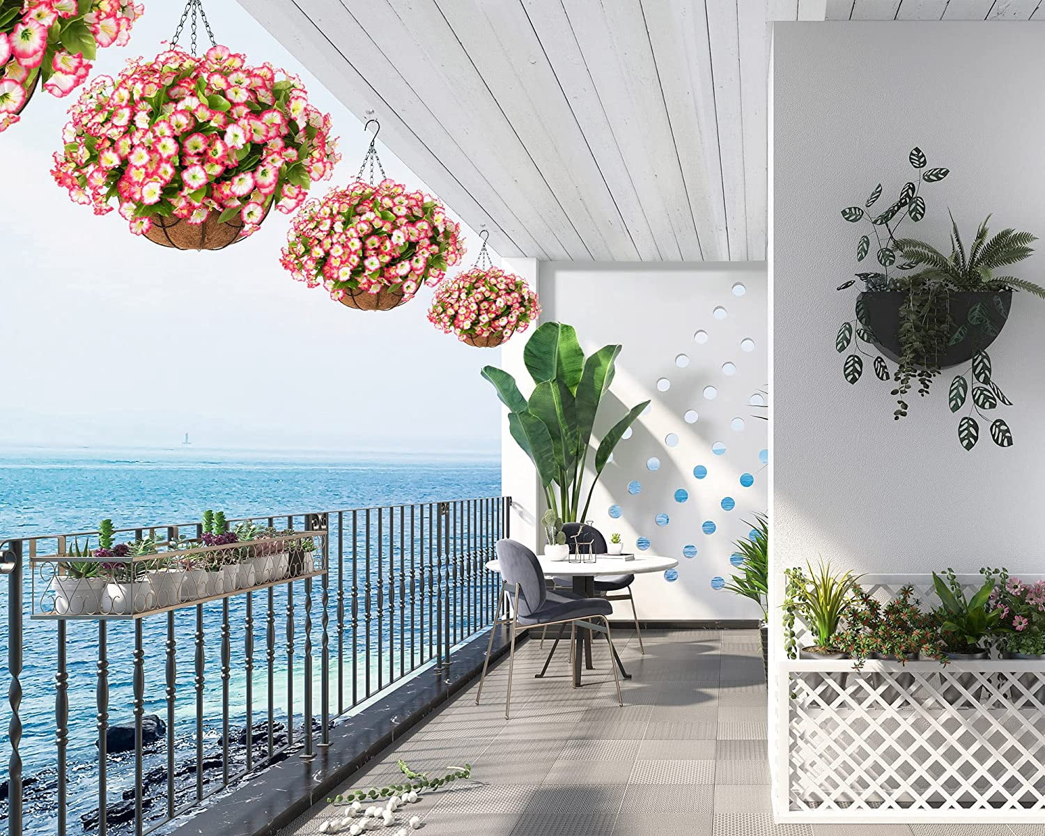 Artificial Hanging Flowers in Basket, Artificial Petunias Arrangement, inch Coconut Lining Basket with Morning Glories Fake Plants for Patio Garden Porch Deck Spring Decoration(Fuchsia)