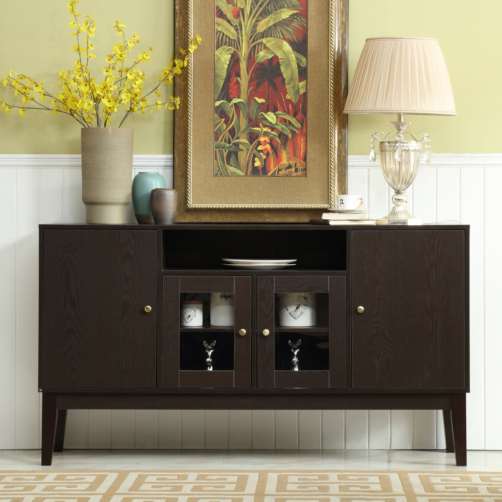 Resenkos 4 Door Sideboard Buffet Cabinet with Solid Wood Legs, Open Storage Console Table for Kitchen Dining Room Entryway or Hallway Dark Brown