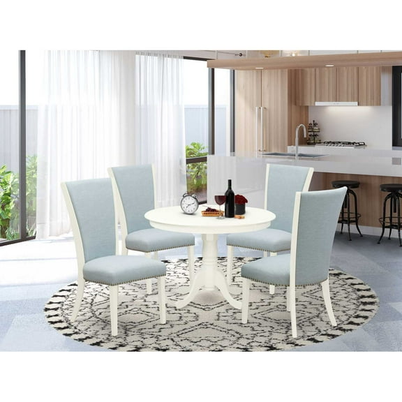 East West Furniture East-West Furniture HLVE5-LWH-15 - A dining table set of 4 fantastic parson dining chairs with Linen Fabric Baby Blue color and a stunning mid-century dining table with Linen...