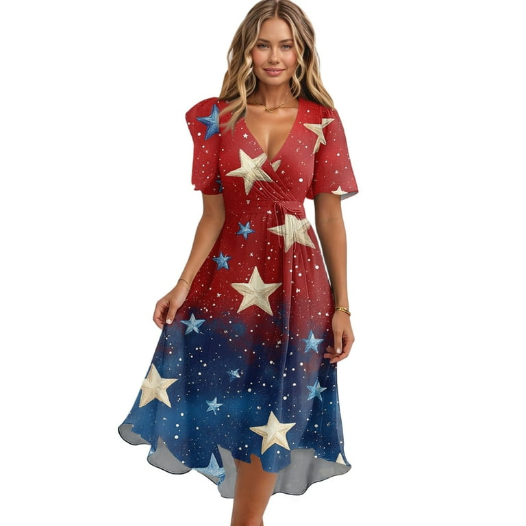 Women's Red White Blue Star Print Midi Dress,Sexy V-Neck Casual Summer  Patriotic Sundress for Independence Day 4th of July,Red M - Walmart.com