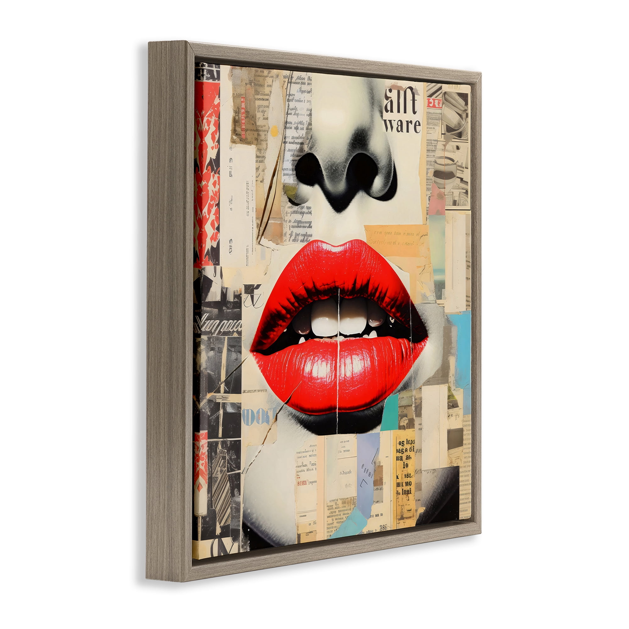 Stupell Industries Fashion Collage with Scarlet Lips Brown Framed Floater Canvas Wall Art, design by Creative Studio