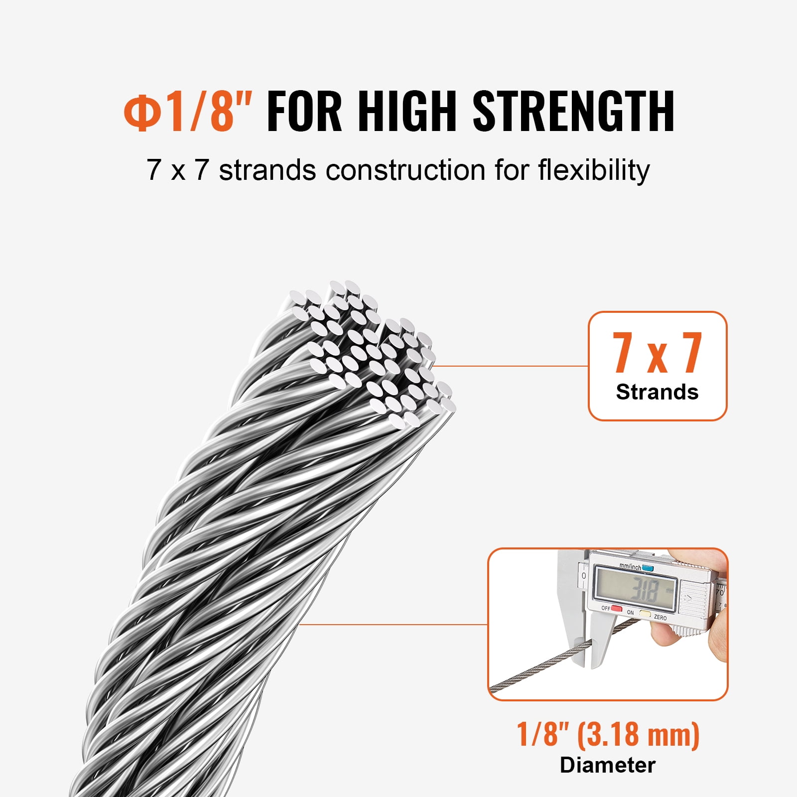 KFFKFF Cable Set, 100 ft of 1/8" 304 Stainless Steel Wire with 124 Components, Capable of Withstanding 1600 lbs Force, Built with 7x7 Strands for Marine Aircraft Quality, Ideal for Outdoor Handrail