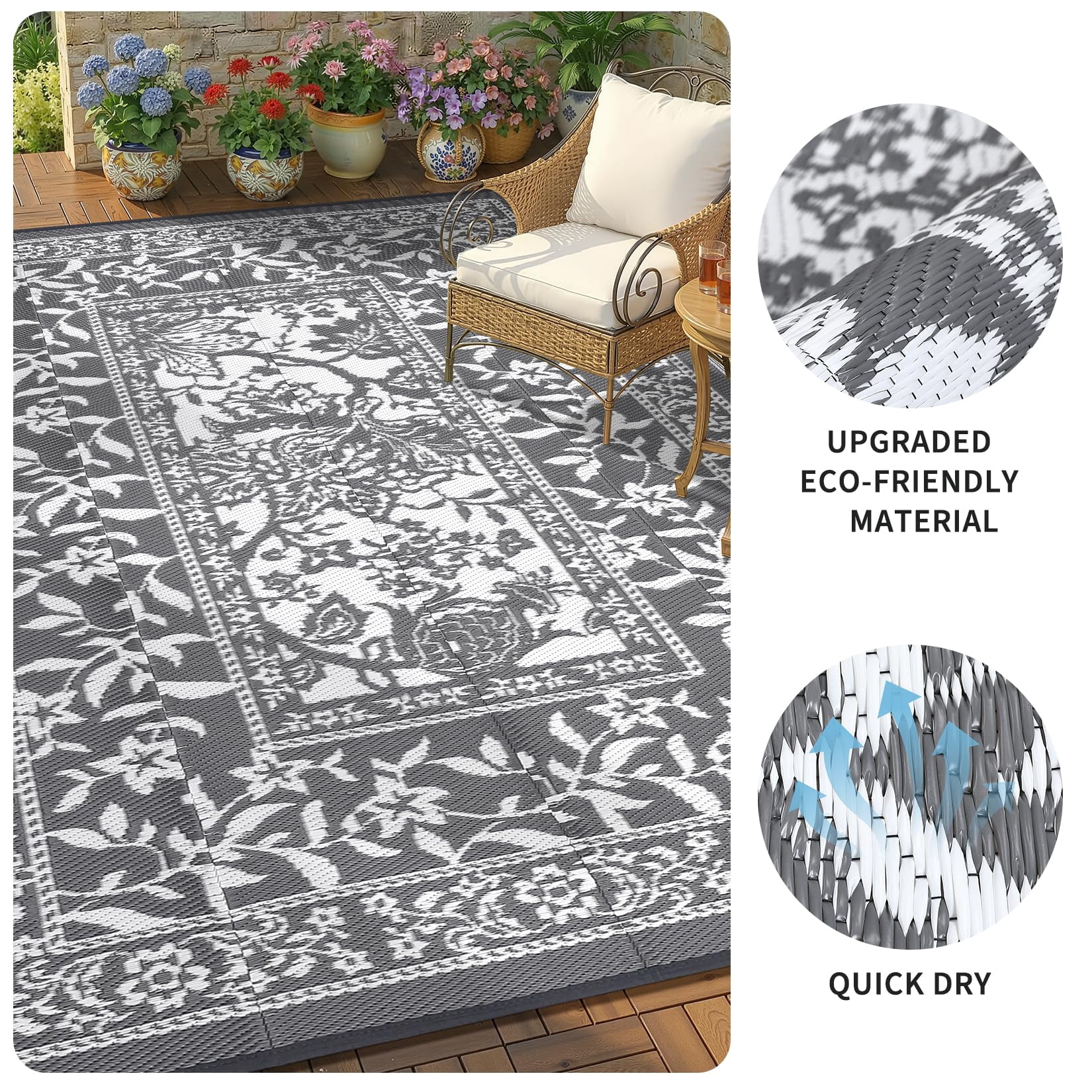 Soonbuy 10x20 FT Outdoor Rug, Waterproof Reversible Plastic Straw Outdoor Patio Rug, Botanical Grove Vintage Cottage Outdoor Area Rug Carpet for RV, Deck, Picnic, Beach, Backyard