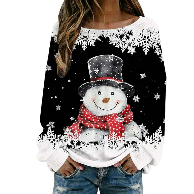 Mode Automne pour Femmes, Hauts Graphiques en Crochet avec Pulls Décontractés Imprimés de Noël