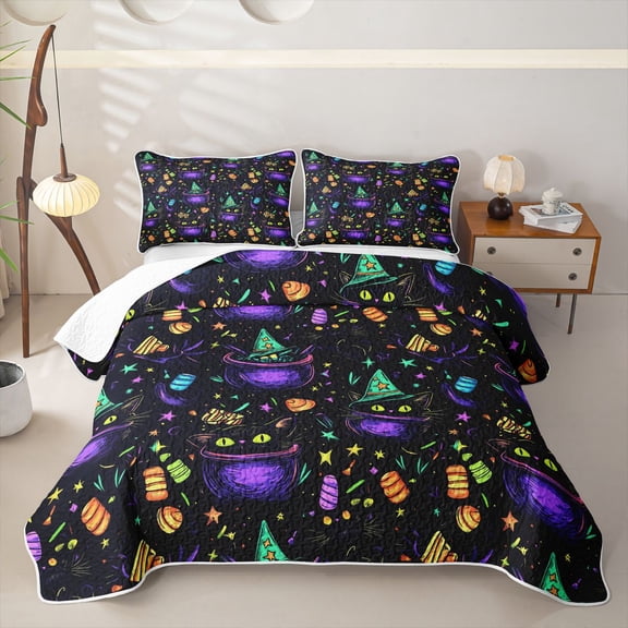 Homewish Neon Witch Cat Twin Quilt Set, Halloween Candy Stars Twin Coverlet Set, Black Purple Green, 2pcs 1 Bedspread and 1 Pillowcase