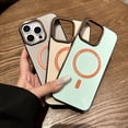 thumbnail image 2 of For iPhone 16 Magnetic Clashing Colors Phone Case,Compatible with Mag-Safe,Leather Edging Anti-crash Designing,Metal Button,Shockproof Rugged Ultra Slim Phone Case Cover,Cyan, 2 of 8