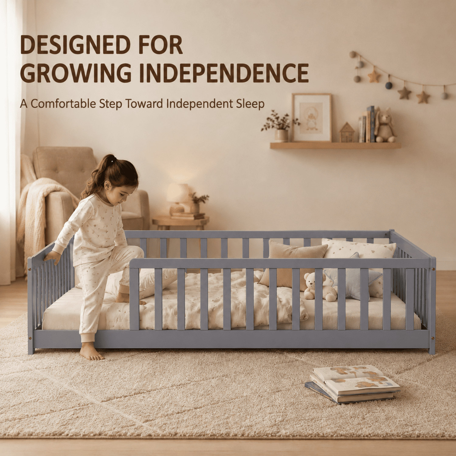 Miniyam Full Size Montessori Kids Floor Bed Frame, Wooden Bed with Fence Rails, Gray