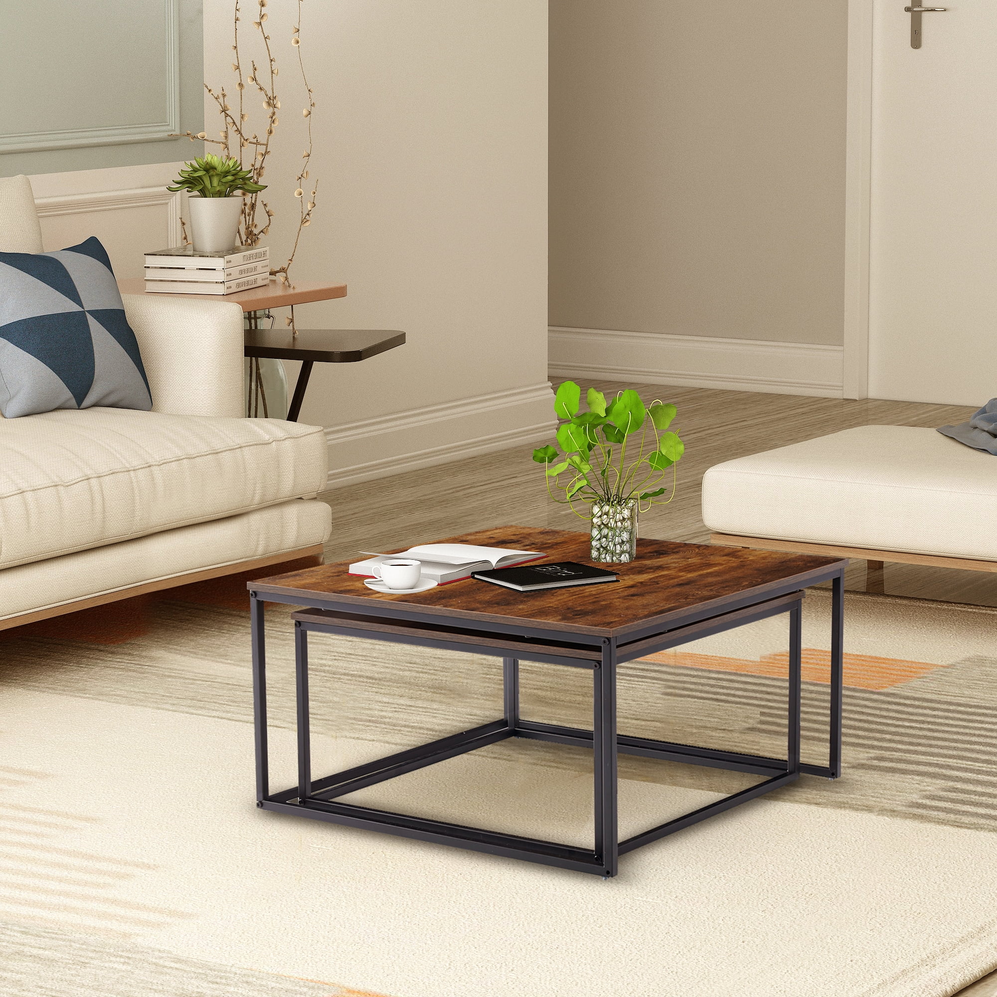 Chnnmbrn Coffee Tables, 2 Piece Set Square Nesting Table for Living Room, Rustic Brown and Black
