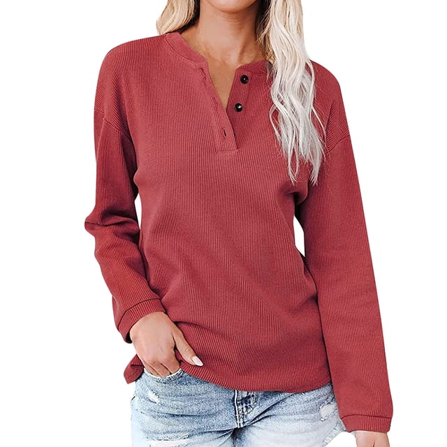 Blusas de Mujer Blusas de Manga Larga Botones de Color Sólido Casuales Camisa Suelta Con Cuello en V Top Odeerbi ODB184186