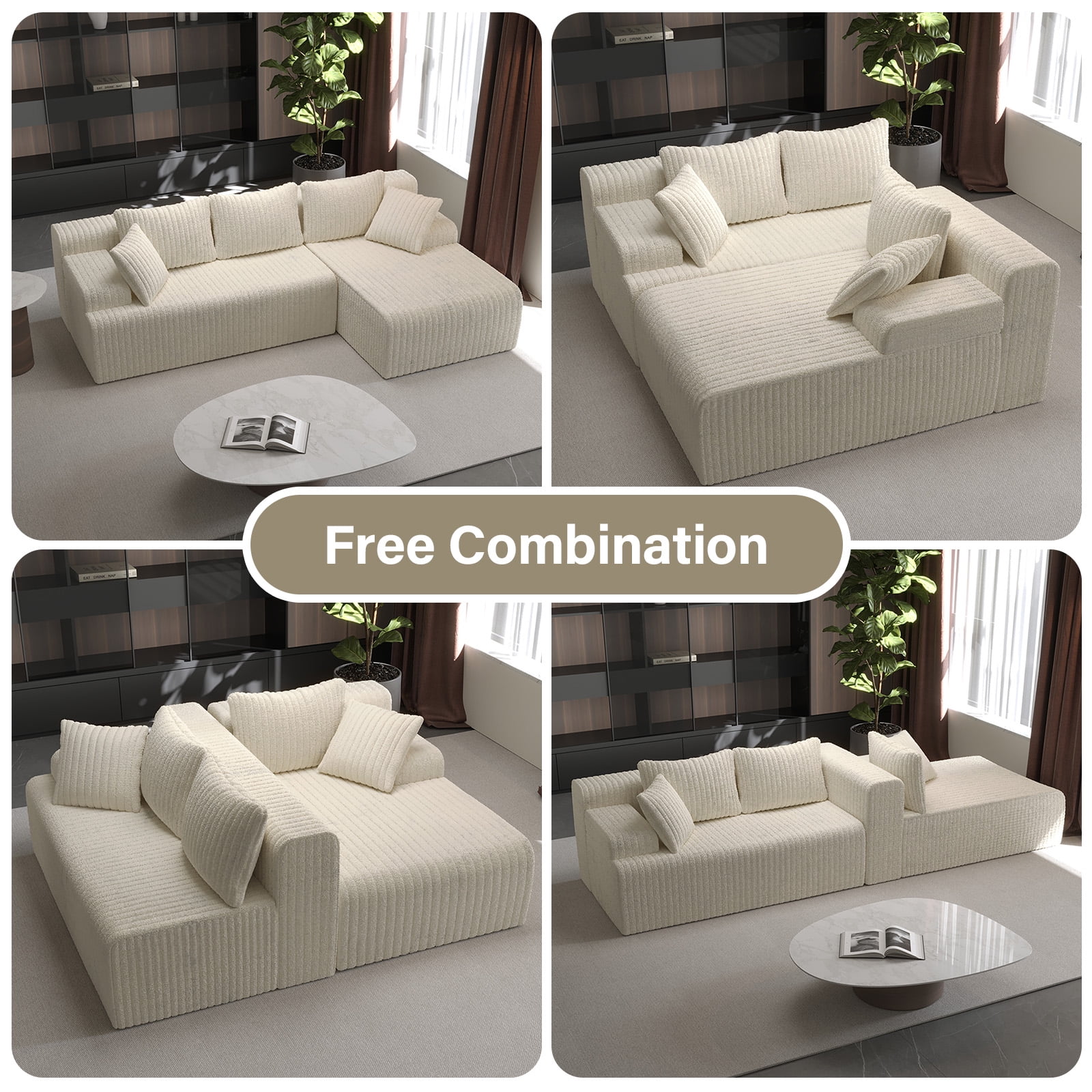LAUSAINT HOME 96" Boneless Sectional Sofa, L-Shaped Modular Cloud Couch with Deep Seat & Plush Corduroy Fabric (Beige, Right Facing Chaise)