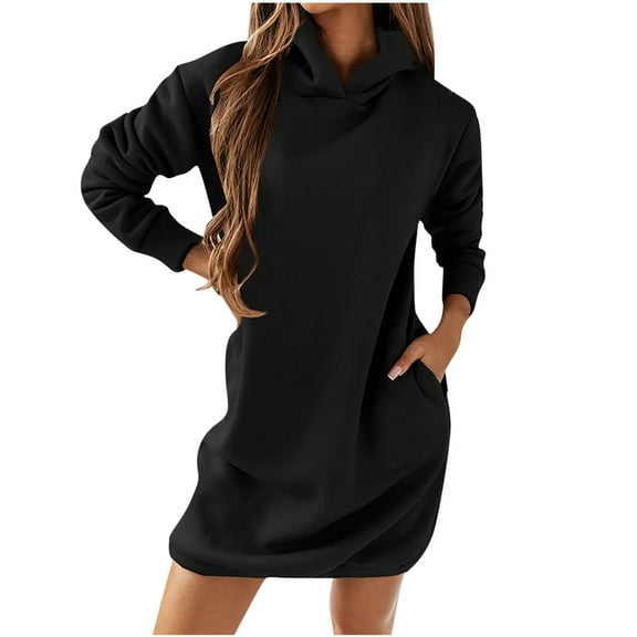 LEAVINGSUO Women's Casual Dresses Women's Long-sleeved Pocket Pullover Hoodie Dress Waist Sweatshirt Solid Tops Black S